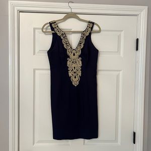 Lilly Pulitzer Navy Blue Shift Dress with Gold Appliqué Size 4